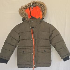 Children's Olive Puffer Coat with Orange Hood
